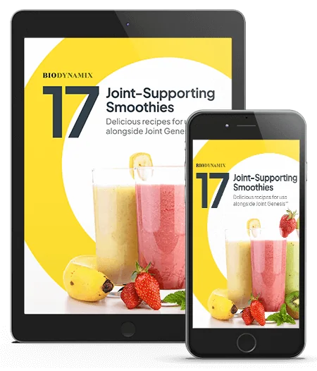 The seller's cover image for the bonus e-book 17 Joint-Supporting Smoothies, shown on a tablet and a phone