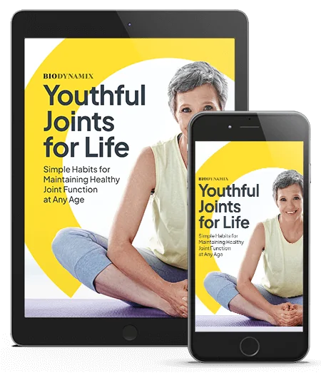 The seller's cover image for the bonus e-book Youthful Joints for Life, shown on a tablet and a phone
